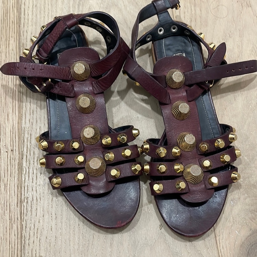 Balenciaga Paris Gold Rockstud Sandal, Brown leather size 7.5